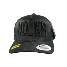 Load image into Gallery viewer, Black Multicamo &quot;HDLNR&quot; Embroidered Retro Snapback Trucker
