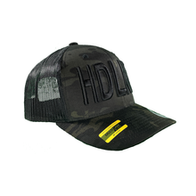 Load image into Gallery viewer, Black Multicamo &quot;HDLNR&quot; Embroidered Retro Snapback Trucker
